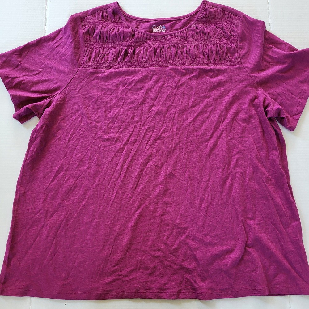 Croft & Barrow Womens 1X Magenta Cotton Slub Smocked Yoke Short Sleeve Top Tee